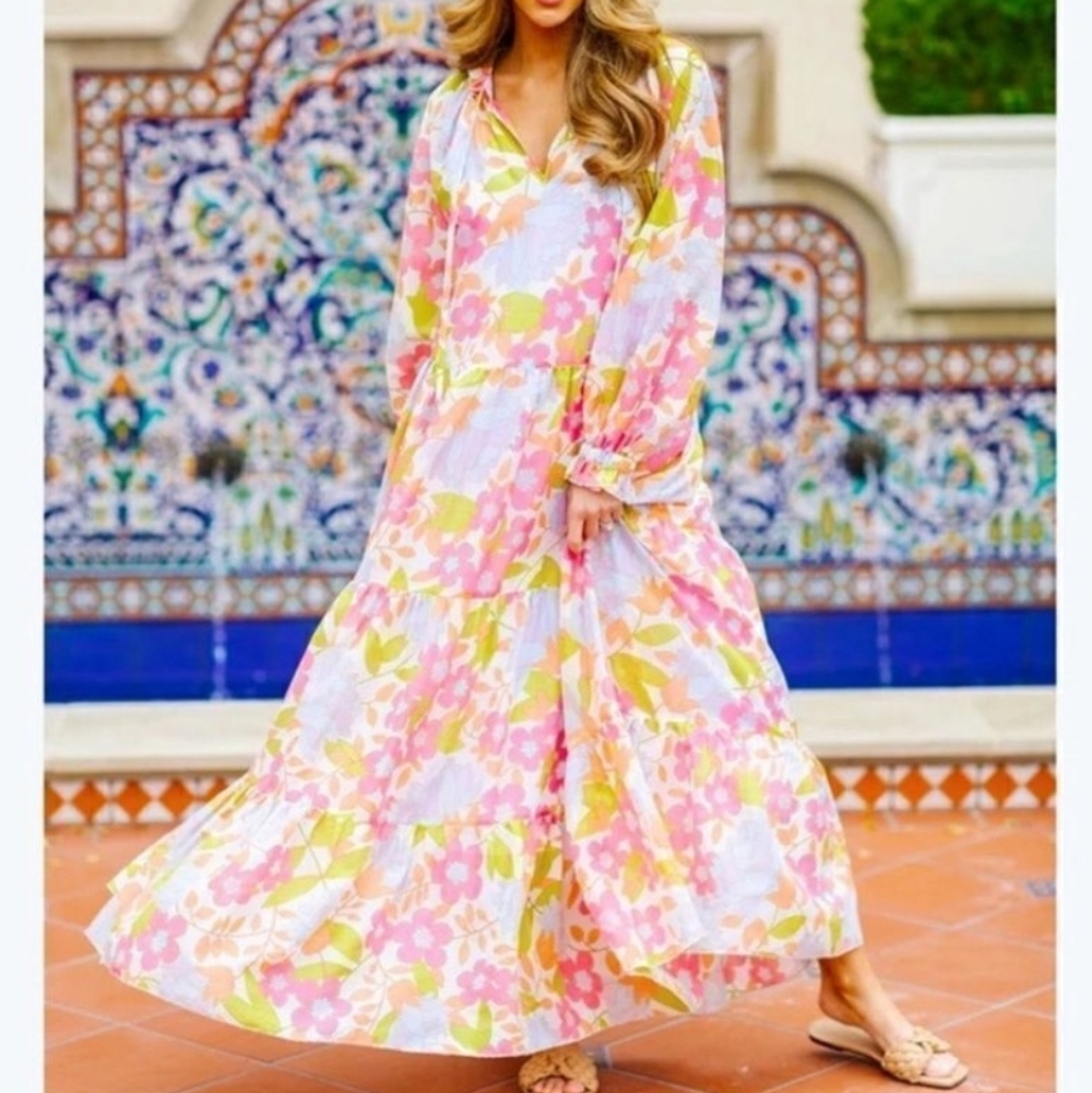 J.Marie Pink & Yellow Floral Tiered Maxi Dress — Lightweight V-Neck Summer Dress